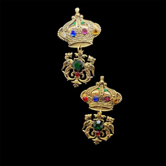 Bejeweled Gold Tone Crown Dangle Pierced Earrings Large Colorful Rhinestone - Picture 1 of 4